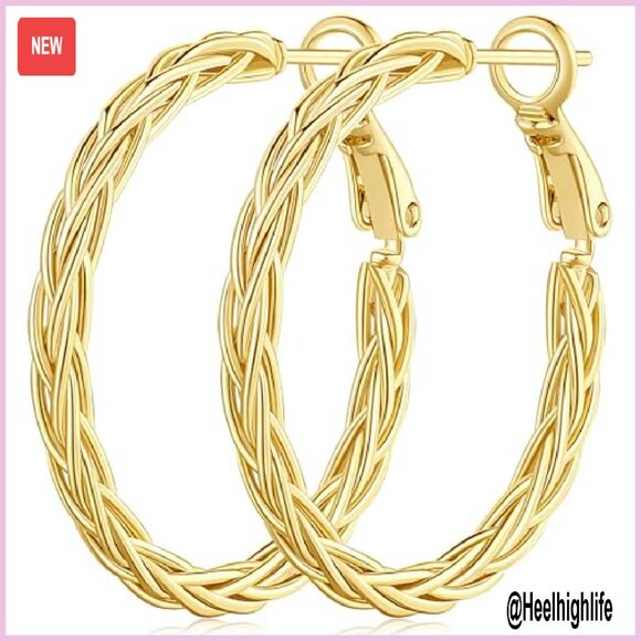 14K Gold Twisted Hoop Earrings 30MM Hypoallergenic Fine Weave Design - Picture 2 of 8